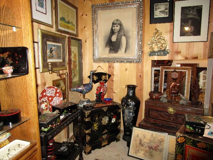 Beautiful charcoal victorian girl, asian camphor wood trunks, cloisonne works goose and more.