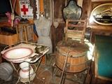 Old washer hand crank and motor added later. old metal sink and wash bowels available.