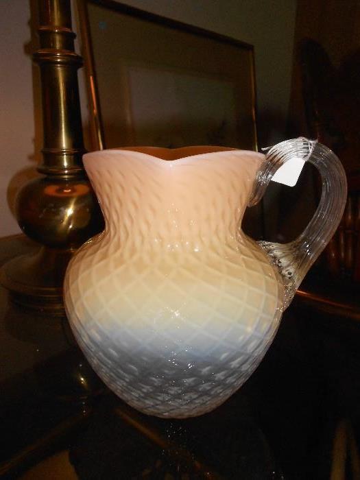 Beautiful peachblow water pitcher. Love the unique square top.