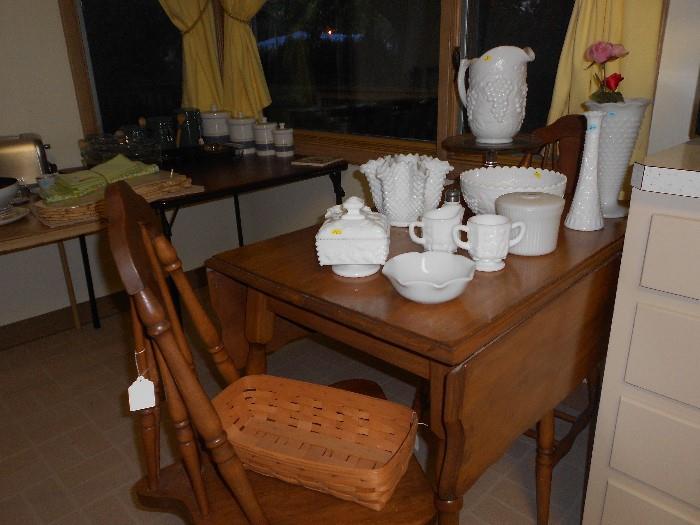 Cute wood table and chairs.  Also milk glass