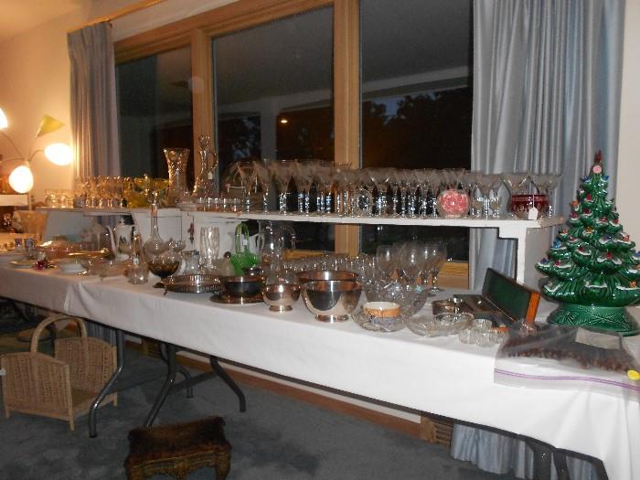 Beautiful sets of stemware, older ceramic Christmas tree, Spode decanters,  Longaberger items, and so much more!