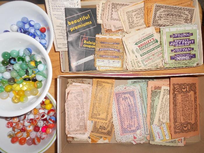 Vintage/antique marbles. So pretty!                                   Vintage gum wrappers and united profit sharing coupons.  Lots of them.