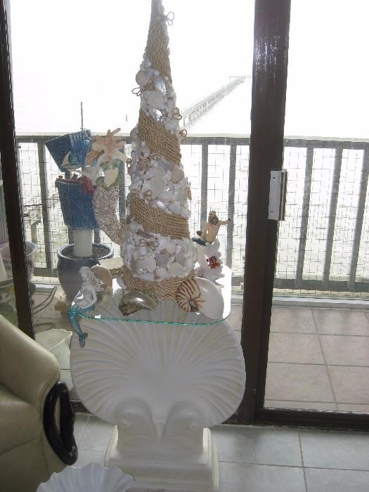 Sea Shell Topiary tree, scallop shell table with glass top
