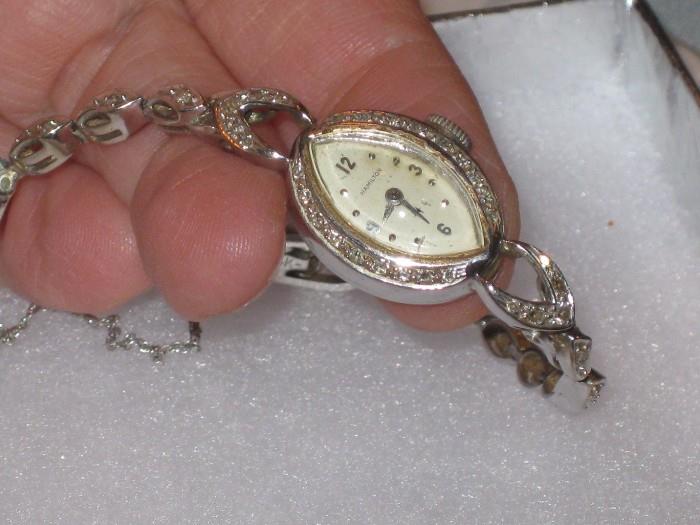 HAMILTON 14K WHITE GOLD AND DIAMOND LADIES VINTAGE WRISTWATCH AVAILABLE AT NEXT WEEKS SALE