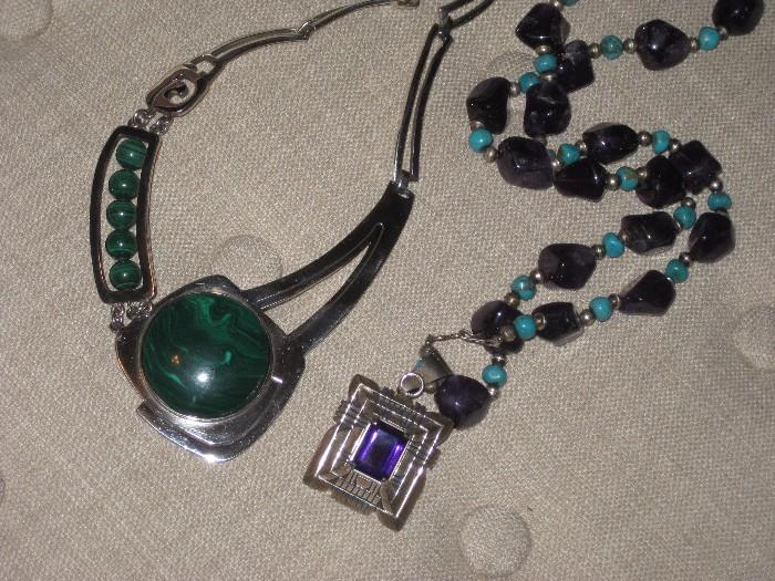 Amethyst Pendant and necklace by Navajo Silversmith Carl Quintana, Large Malachite Necklace ( Taxco)