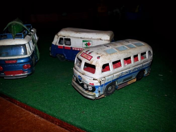Vintage toy bus and trucks