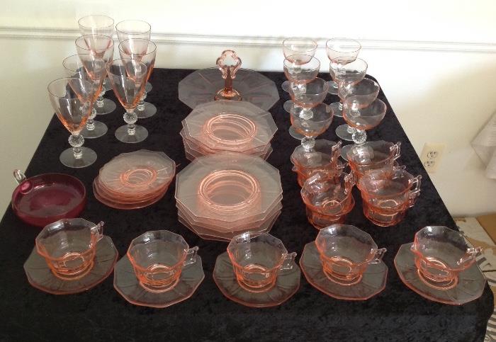 Elegant Depression Era Glass: Pink Cambridge Decagon Cups, Saucers, Plates and Tray.  Morgantown Golf Ball Stemware
