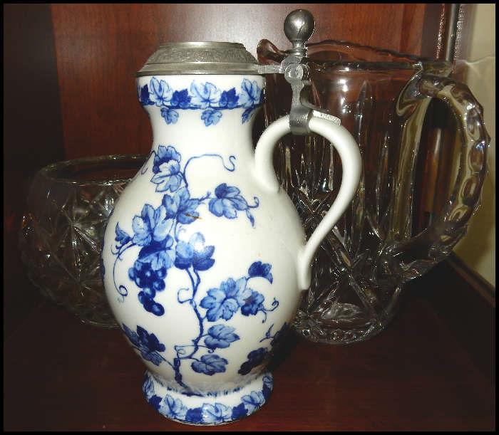Blue and white ceramic and metal pitcher. Pressed glass bowl and pitcher