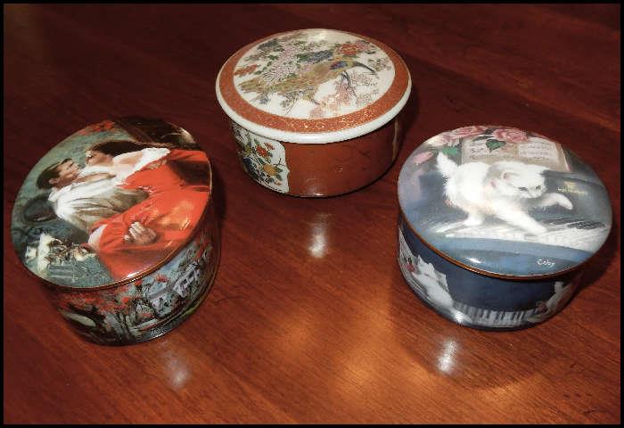 Three ceramic vessels with lids. Gone With the Wind, Chinese peacock and Kitten on Piano Keys