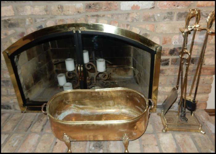 Fireplace tools and brass kettle