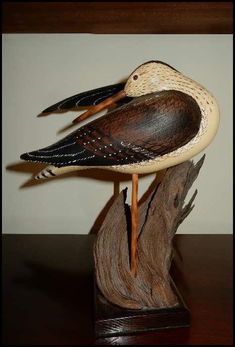 Interesting sandpiper bird wooden sculpture. Hand-painted.