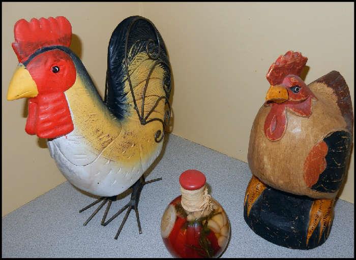 Rooster and chicken sculptures