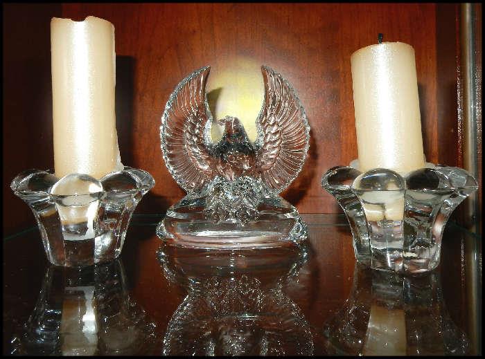 pressed glass eagle and candleholders