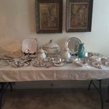 French porcelain, silver, and framed victorian art.