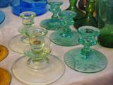 some of the many depression and elegant glass candlesticks