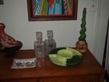 Mid Century Lazy Susan, Pair Liquor Decanters, Italian Shell Dish, Green Twist Chianti Bottle