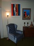 Blue Velour Queen Anne Chair, Floor Lamp