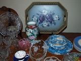 unusual tole tray, asian vase and china