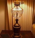 detail of crystal and brass on one of the Stiffel lamps