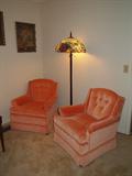 pair of coral upholstered Ethan Allen side chairs