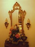 very nice Italian gilt mirror with matching wall brackets or sconces, asian style flowers, brass