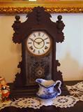 old mantle clock and flow blue milk jug