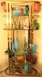 Milo Baughman style brass and glass etegere with art glass