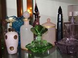 some of the many vintage perfume/scent bottles, including Italian, Czech, pink opaline, and more