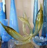 Super RARE pair of large Italian art glass Swordfish in green and yellow glass