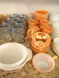 some of the MANY MANY sets of vintage to newer cups and glasses, including NEVER USED Fire King Peach Lustre