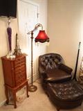 newer lamp, vintage bridge lamp, jewelry chest, unique Eiffel Tower musical decanter, and Mad Men style tufted club chair and ottoman