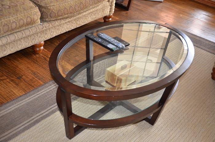 Glass and Wood Oval Coffee Table