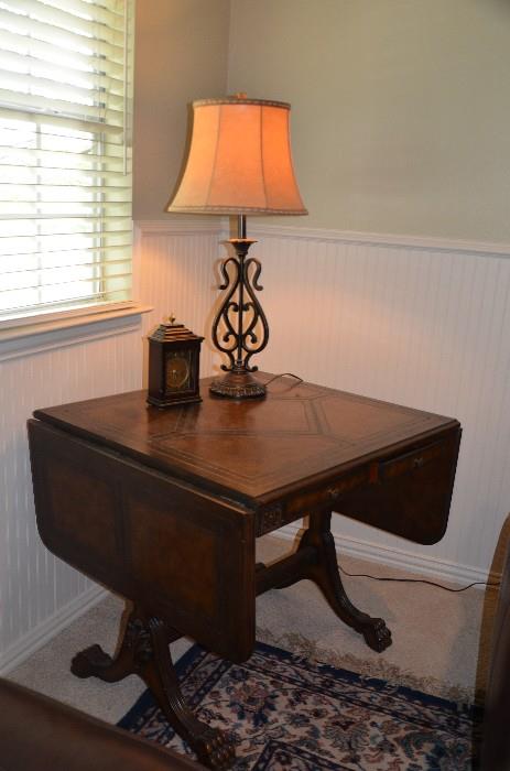 Drop Leaf Table with Beautiful Top, Lamp, Small Clock