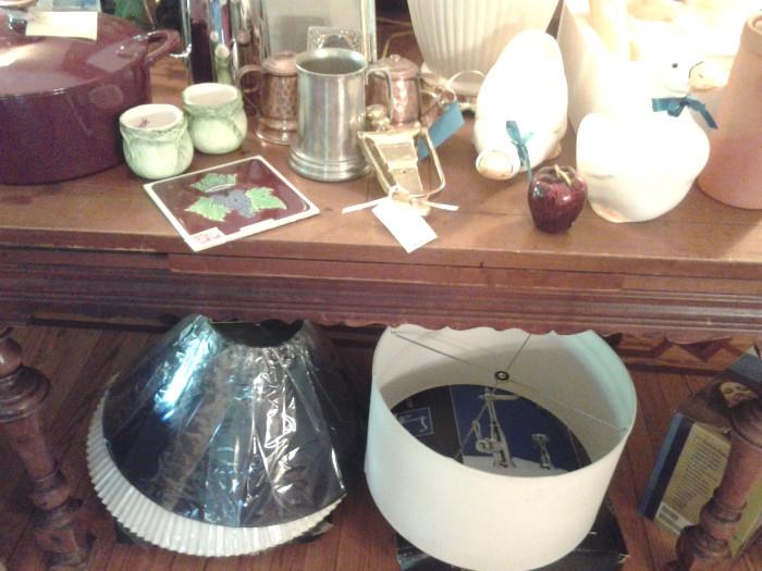 LAMP SHADES, COPPER CREAM & SUGAR, BRASS DOOR KNOCKER, CANDLE HOLDERS, STATUES & MORE