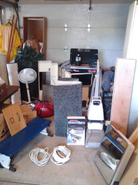 GARAGE NOW OPEN!  COLEMAN CAMPING STOVE, HOOVER STEAM VAC, PERGO FLOORING, CABLE WIRES, EXERCISE STEP, MEDICINE CABINETS, FANS, STEAMER, CARPETS, WOOD WORKING, CHRISTMAS GARLAND & MORE!!!