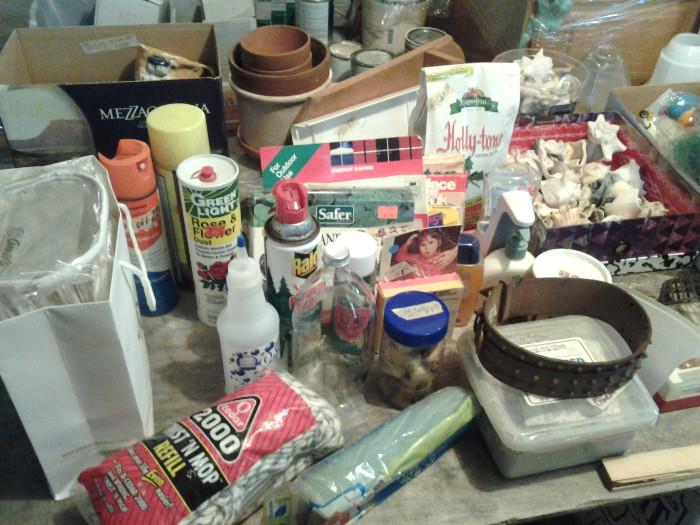 DOG COLLARS, MOP HEADS, FERTILIZERS, LAWN WEED CONTROL PRODUCTS, BUG SPRAYS, MISC HOUSEHOLD & GARDEN ITEMS, POTS, CLAY ARTWORK, SEA SHELLS, LOTS OF GLASS LAMP SHADES & MUCH MORE MISC!!!
