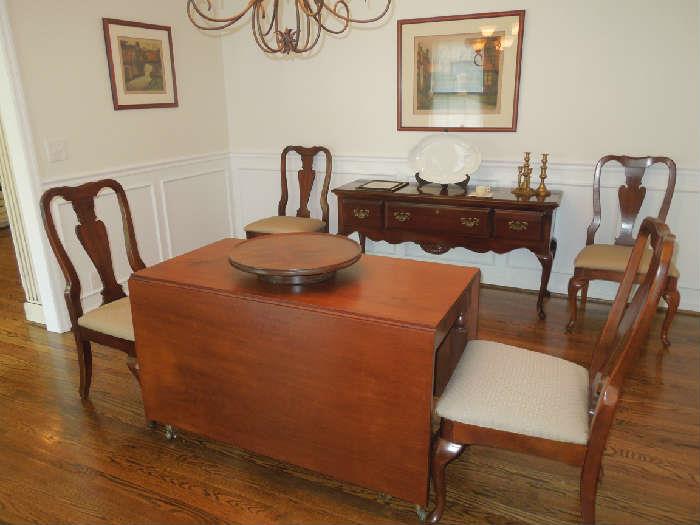 Double Drop Leaf Cherry Table, 6 Chairs and 2 Arm Chairs, Queen Anne Style