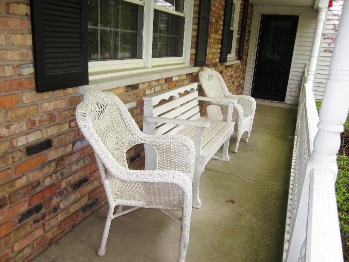 WICKER PATIO CHAIRS AND WOODEN BENCH