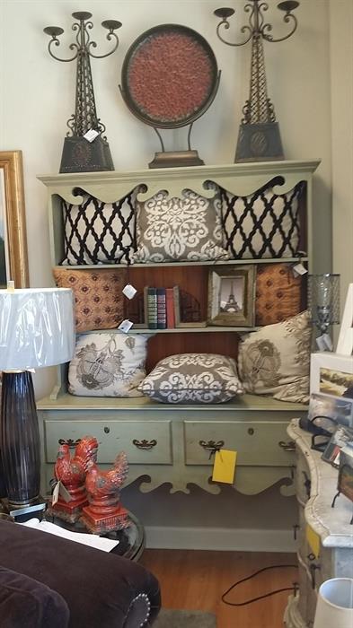 Solid cherry painted antique green by Salem Square hutch and base set.
Accent pillows and accessories