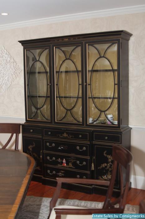 Hutch with interior lighting, bowed glass and Asian motif