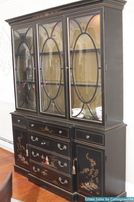 Hutch with interior lighting, bowed glass and Asian motif