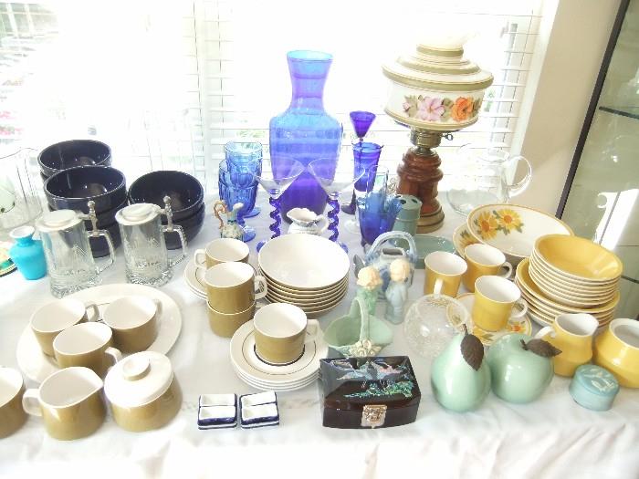 Stoneware sets, Blue Glass items & decor