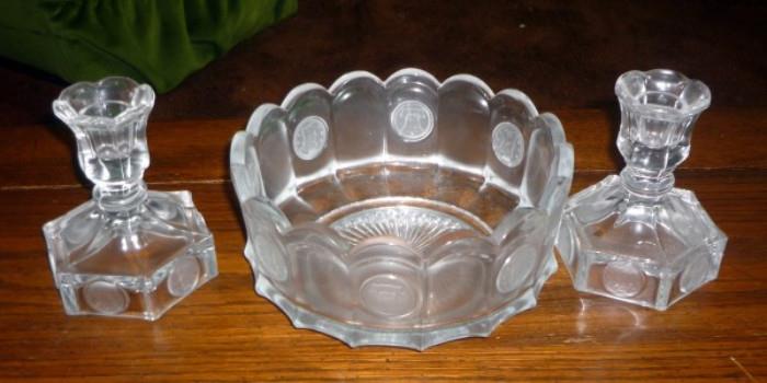 Vintage Fostoria Liberty Bell Coin Pattern Fruit Bowl & Pair of Candle Stick Holders    http://bid.auctionbymayo.com/view-auctions/catalog/id/7753/lot/987164/?url=%2Fview-auctions%2Fcatalog%2Fid%2F7753%2F%3Fpage%3D1%26items%3D100