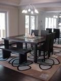 Catoni Italian dining set--Visions--Square dining table with glass insert, four leather chairs, two benches with cushions