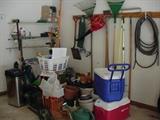 Blowers,, hoses, trimmers, edges, shovels,coolers, trash cans, tennis ball bucket, terra cotta pots, rakes, hoes, and more