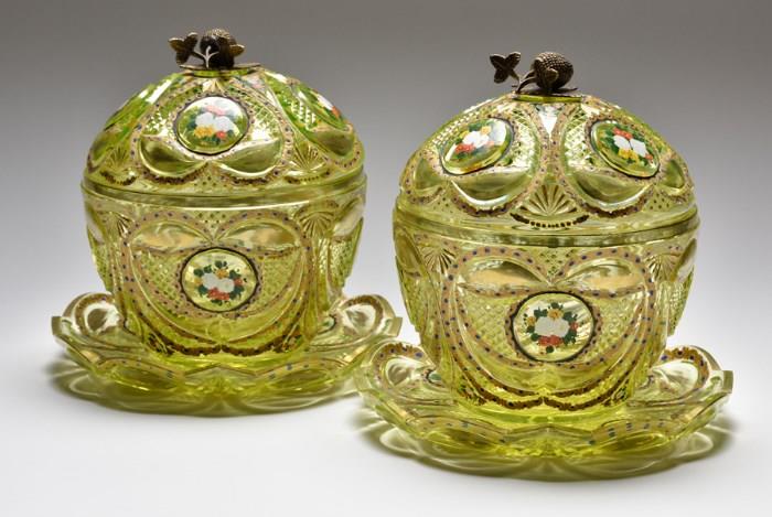 Lot 7: A PAIR OF BOHEMIAN GLASS ENAMELED AND GILT CANDY DISHES