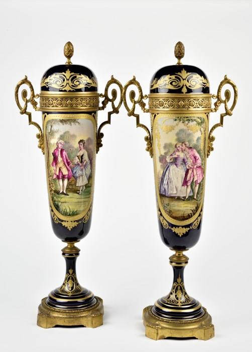 Lot 6: A PAIR OF SEVRES STYLE GILT METAL MOUNTED PORCELAIN VASES