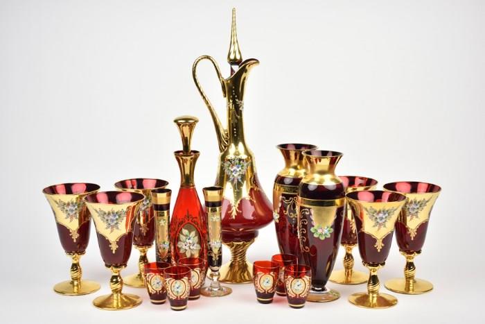 Lot 19: A COLLECTION OF VENETIAN ENAMELED AND RUBY GLASS ARTICLES