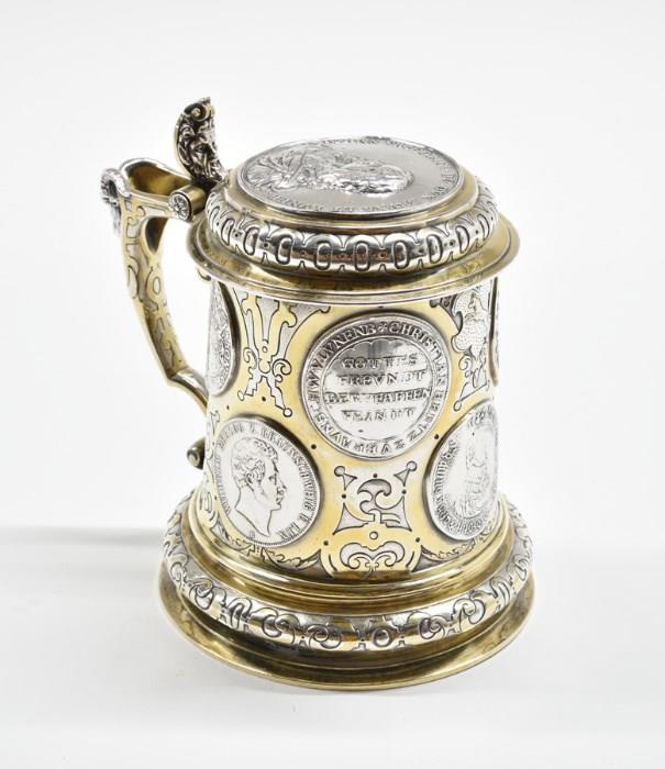 Lot 62: A GERMAN SILVER AND GILT WASHED TANKARD, LAMEYER