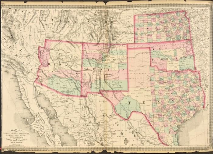 Lot 92: TAINTOR BROS. & MERRILL, (American, 19th century), Texas, Indian Territory, Kansas, New Mexico and Arizona, Hand colored engraving, H 21¼ x W 30 inches.